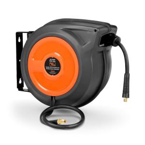imageSuperHandy AirHoseReel Retractable 38quot x 50 Feet Long Industrial Water Premium Commercial Flex Hybrid Polymer Hose Spring Driven Polypropylene Heavy Duty with Lead in Hose ampamp PVC Handle