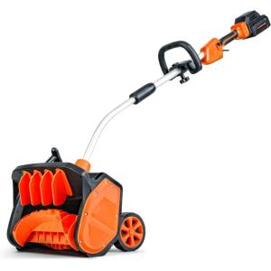 imageSuperHandy Electric Snow Thrower Adjustable Angle 17quot Clearing Width 57quot Intake Height 23 ft Throw Curved Serrated Blade 48V2Ah Battery Portable Wheels Easy Maneuver Safety Switches Comfort Handle