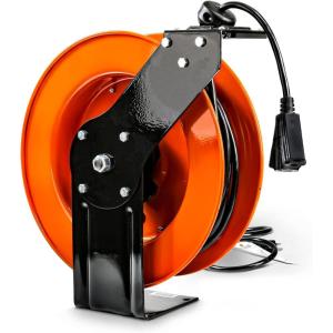 imageSuperHandy Extension Cord Reel Retractable 12AWG x 80 Foot 3C SJTOW Cable Triple Tap Connector Power Rating 125 Volt AC 15 Amp 1875 Watt Industrial Steel Single Arm