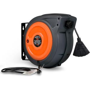 imageSuperHandy Extension Cord Reel Retractable 16AWG x 50 Feet Long Industrial Polypropylene Ultra Heavy Duty 3C SJTOW Commercial Premium Grade Ultra Flexible Cable S3 Triple Tap Connector