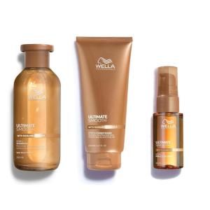 imageWella Professionals ULTIMATE SMOOTH Shampoo Conditioner and Miracle Hair Oil Serum 3pc Bundle  For Dry Dull ampamp Frizzy Hair  Nourishes Smooths ampamp Adds a Silky Shine  Heat Protectant  Color Safe161 Fl Oz Pack of 1