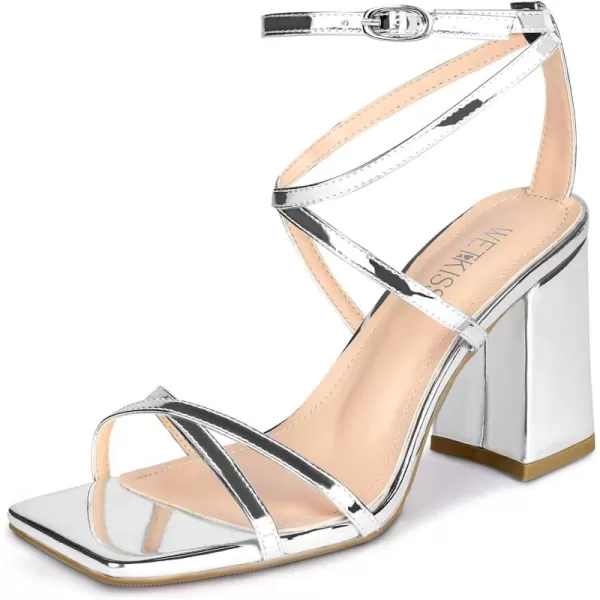 wetkiss Chunky Heels For Women Strappy Heels For Women 3.35" Heels Height With Adjustable Ankle Strap Square Open Toe For Homecoming Party Dress Gold Black White
