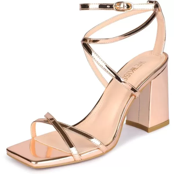 wetkiss Chunky Heels For Women Strappy Heels For Women 3.35" Heels Height With Adjustable Ankle Strap Square Open Toe For Homecoming Party Dress Gold Black White