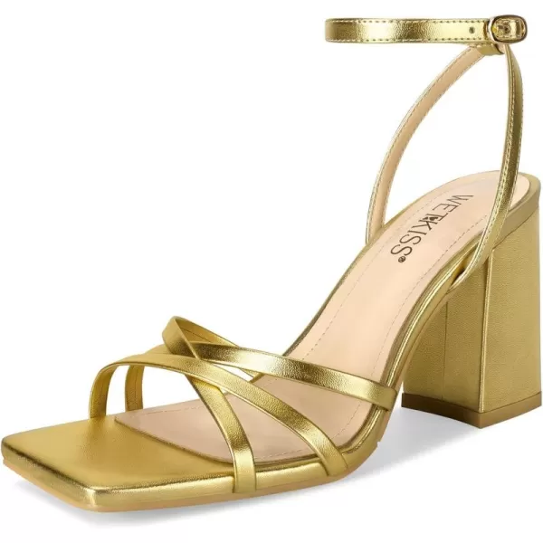 wetkiss Chunky Heels For Women Strappy Heels For Women 3.35" Heels Height With Adjustable Ankle Strap Square Open Toe For Homecoming Party Dress Gold Black White