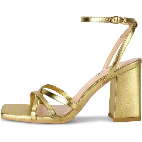 wetkiss Chunky Heels For Women Strappy Heels For Women 3.35" Heels Height With Adjustable Ankle Strap Square Open Toe For Homecoming Party Dress Gold Black White