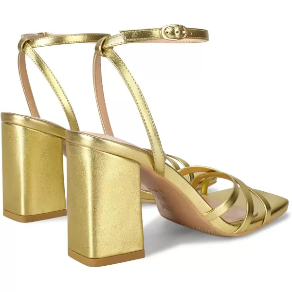 wetkiss Chunky Heels For Women Strappy Heels For Women 3.35" Heels Height With Adjustable Ankle Strap Square Open Toe For Homecoming Party Dress Gold Black White