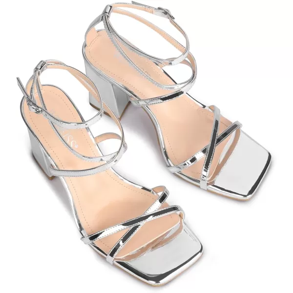 wetkiss Chunky Heels For Women Strappy Heels For Women 3.35" Heels Height With Adjustable Ankle Strap Square Open Toe For Homecoming Party Dress Gold Black White