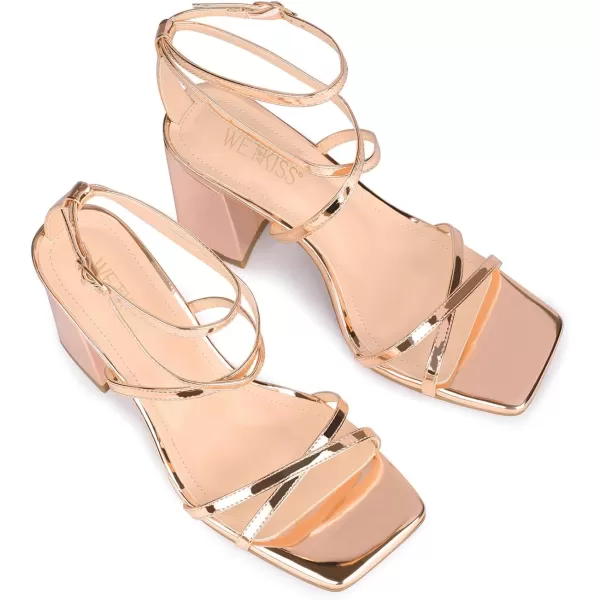 wetkiss Chunky Heels For Women Strappy Heels For Women 3.35" Heels Height With Adjustable Ankle Strap Square Open Toe For Homecoming Party Dress Gold Black White
