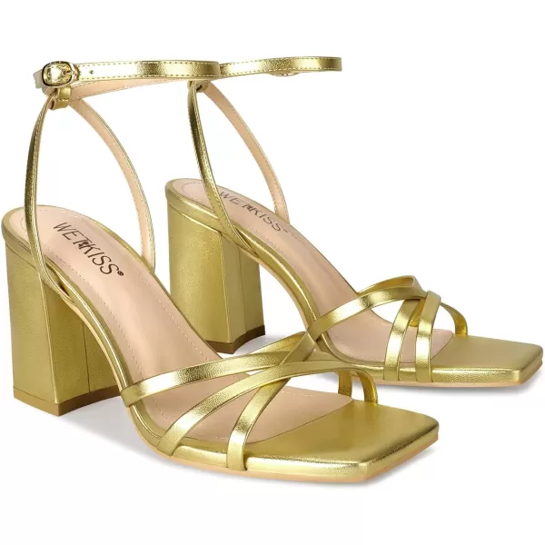 wetkiss Chunky Heels For Women Strappy Heels For Women 3.35" Heels Height With Adjustable Ankle Strap Square Open Toe For Homecoming Party Dress Gold Black White
