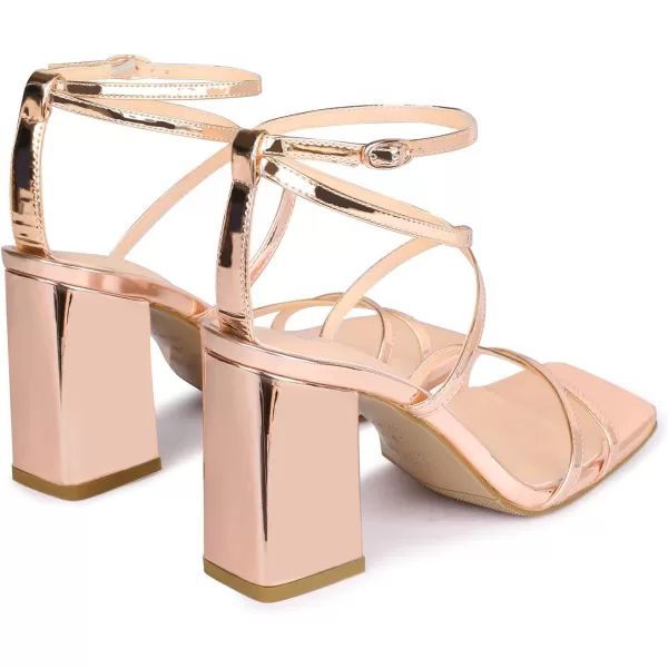 wetkiss Chunky Heels For Women Strappy Heels For Women 3.35" Heels Height With Adjustable Ankle Strap Square Open Toe For Homecoming Party Dress Gold Black White