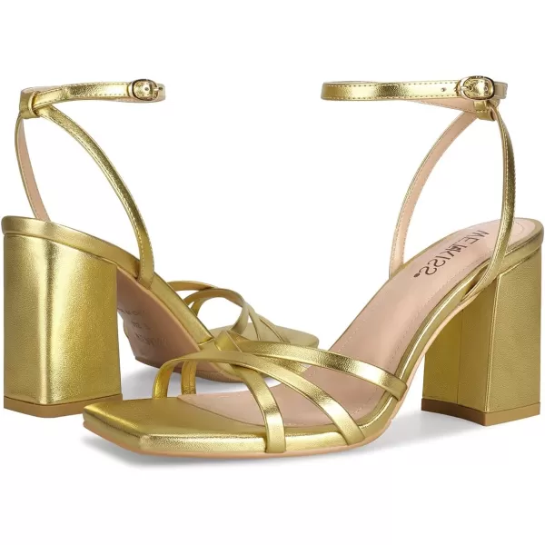 wetkiss Chunky Heels For Women Strappy Heels For Women 3.35" Heels Height With Adjustable Ankle Strap Square Open Toe For Homecoming Party Dress Gold Black White
