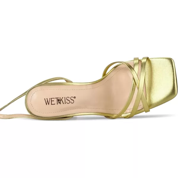 wetkiss Chunky Heels For Women Strappy Heels For Women 3.35" Heels Height With Adjustable Ankle Strap Square Open Toe For Homecoming Party Dress Gold Black White