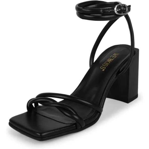 wetkiss Chunky Heels For Women Strappy Heels For Women 3.35" Heels Height With Adjustable Ankle Strap Square Open Toe For Homecoming Party Dress Black White Nude