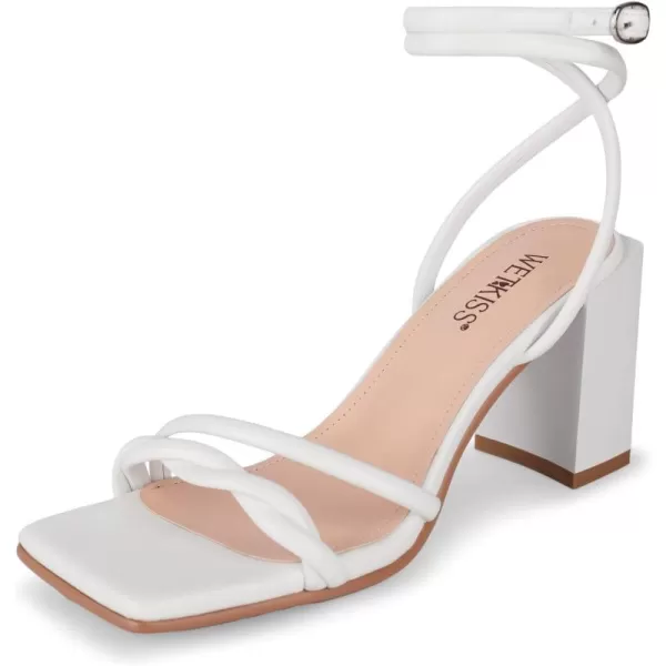 wetkiss Chunky Heels For Women Strappy Heels For Women 3.35" Heels Height With Adjustable Ankle Strap Square Open Toe For Homecoming Party Dress Black White Nude