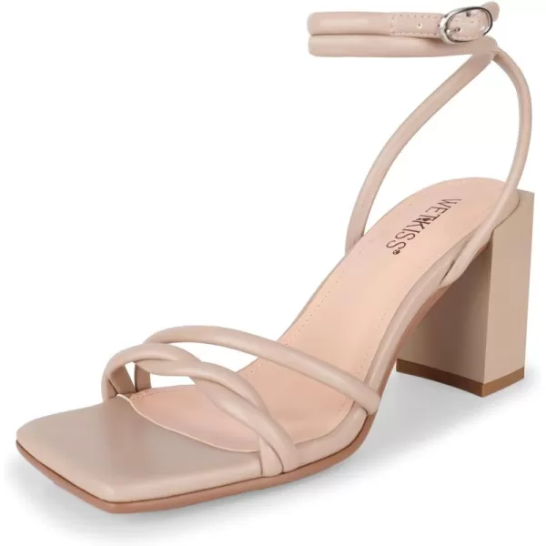 wetkiss Chunky Heels For Women Strappy Heels For Women 3.35" Heels Height With Adjustable Ankle Strap Square Open Toe For Homecoming Party Dress Black White Nude