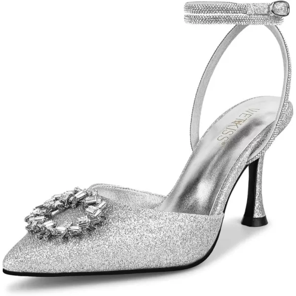 wetkiss Clear Heels Shoes for Women, Crystal Rhinestones Slingback Wedding Shoes Pointed Toe High Heel Sandals