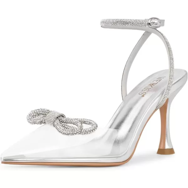 wetkiss Clear Heels Shoes for Women, Crystal Rhinestones Slingback Wedding Shoes Pointed Toe High Heel Sandals