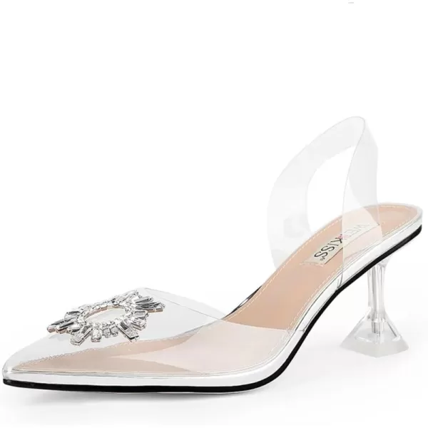 wetkiss Clear Heels Shoes for Women, Crystal Rhinestones Slingback Wedding Shoes Pointed Toe High Heel Sandals