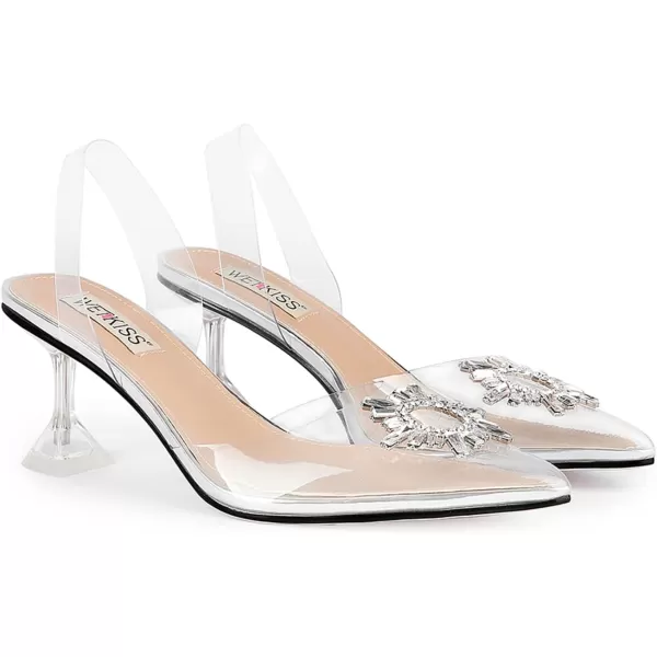 wetkiss Clear Heels Shoes for Women, Crystal Rhinestones Slingback Wedding Shoes Pointed Toe High Heel Sandals