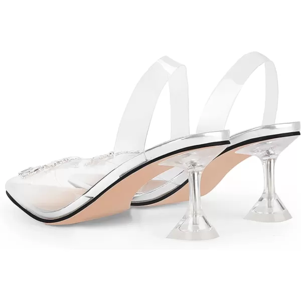 wetkiss Clear Heels Shoes for Women, Crystal Rhinestones Slingback Wedding Shoes Pointed Toe High Heel Sandals