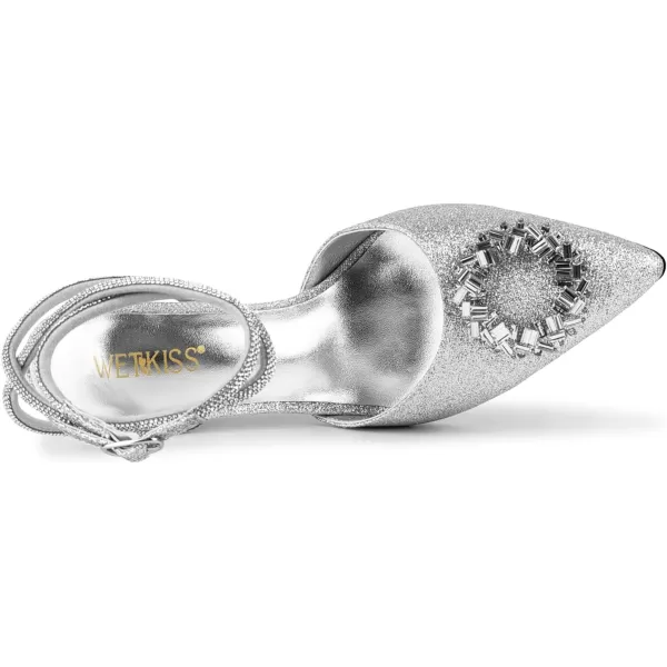 wetkiss Clear Heels Shoes for Women, Crystal Rhinestones Slingback Wedding Shoes Pointed Toe High Heel Sandals