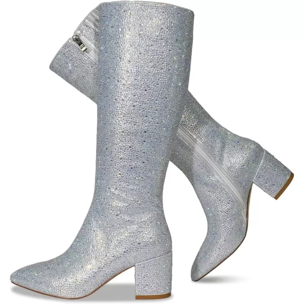 wetkiss Rhinestone/PU Low Chunky Pointed Toe Ankle Boots for Women with Full Bling Sparkly Crystals Booties for Wedding Party Date Dress