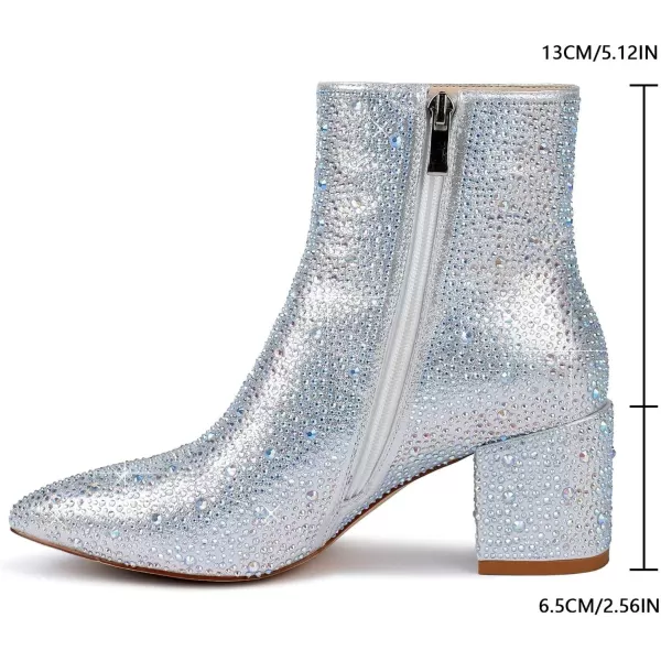 wetkiss Rhinestone/PU Low Chunky Pointed Toe Ankle Boots for Women with Full Bling Sparkly Crystals Booties for Wedding Party Date Dress
