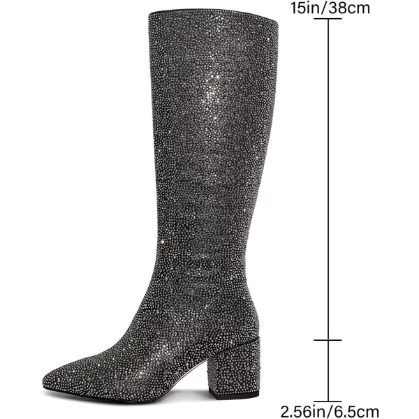 wetkiss Rhinestone/PU Low Chunky Pointed Toe Ankle Boots for Women with Full Bling Sparkly Crystals Booties for Wedding Party Date Dress