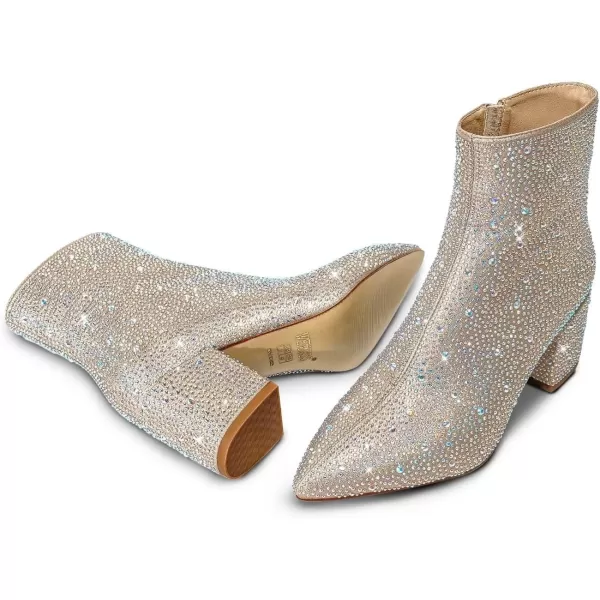 wetkiss Rhinestone/PU Low Chunky Pointed Toe Ankle Boots for Women with Full Bling Sparkly Crystals Booties for Wedding Party Date Dress