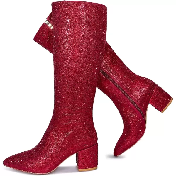 wetkiss Rhinestone/PU Low Chunky Pointed Toe Ankle Boots for Women with Full Bling Sparkly Crystals Booties for Wedding Party Date Dress