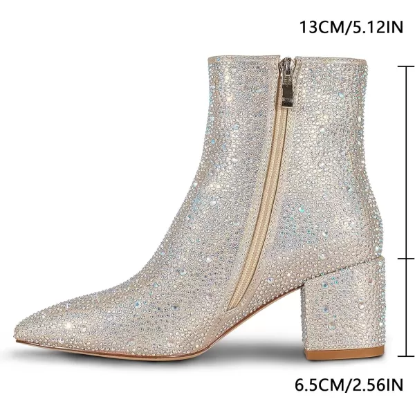 wetkiss Rhinestone/PU Low Chunky Pointed Toe Ankle Boots for Women with Full Bling Sparkly Crystals Booties for Wedding Party Date Dress
