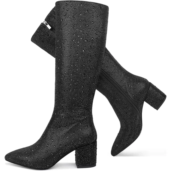 wetkiss Rhinestone/PU Low Chunky Pointed Toe Ankle Boots for Women with Full Bling Sparkly Crystals Booties for Wedding Party Date Dress
