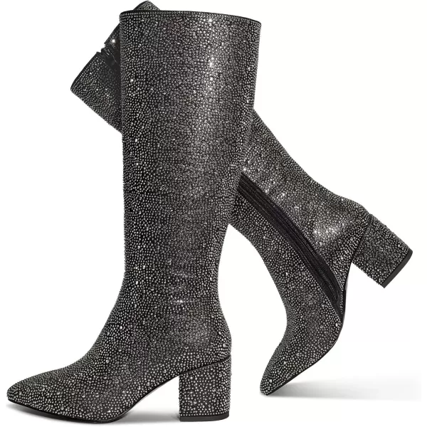 wetkiss Rhinestone/PU Low Chunky Pointed Toe Ankle Boots for Women with Full Bling Sparkly Crystals Booties for Wedding Party Date Dress