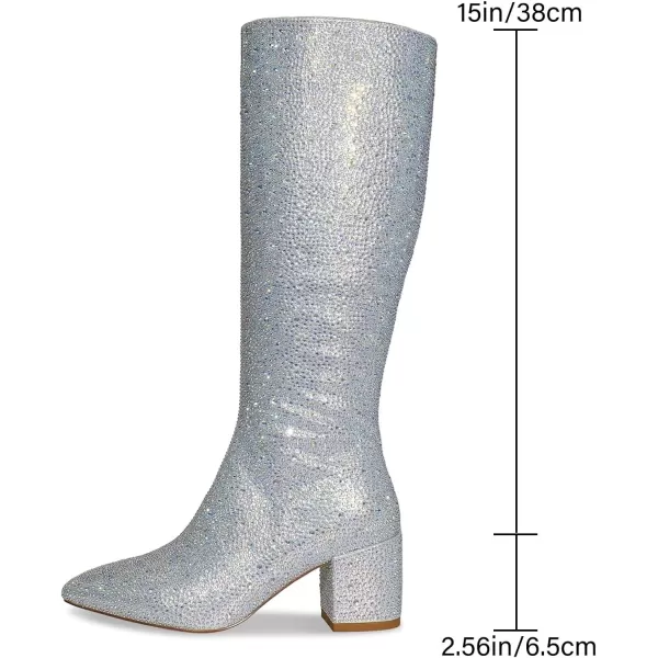 wetkiss Rhinestone/PU Low Chunky Pointed Toe Ankle Boots for Women with Full Bling Sparkly Crystals Booties for Wedding Party Date Dress