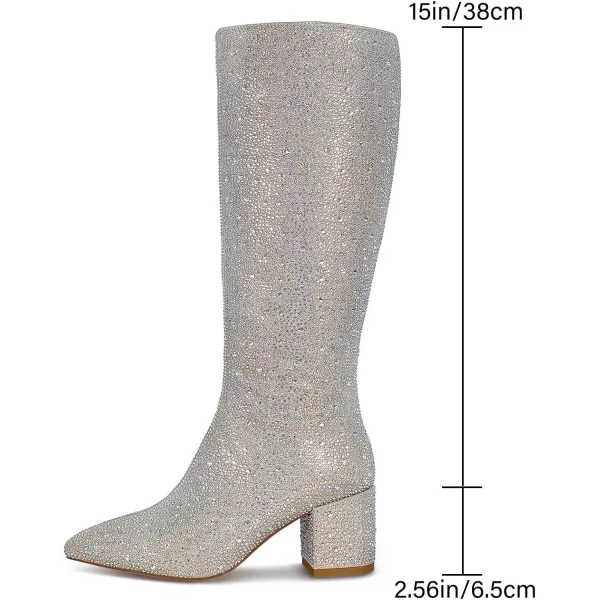 wetkiss Rhinestone/PU Low Chunky Pointed Toe Ankle Boots for Women with Full Bling Sparkly Crystals Booties for Wedding Party Date Dress