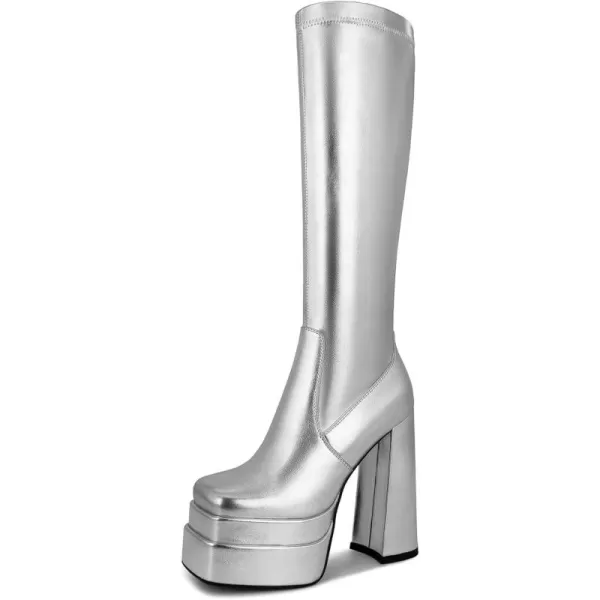 wetkiss Stacked Platform Knee High Boots for Women With High Chunky Heel, Gogo Boots for Women with Square Toe Side Zipper Stretch Boot