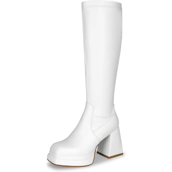 wetkiss Stacked Platform Knee High Boots for Women With High Chunky Heel, Gogo Boots for Women with Square Toe Side Zipper Stretch Boot