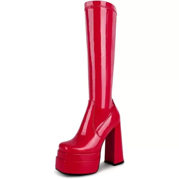 wetkiss Stacked Platform Knee High Boots for Women With High Chunky Heel, Gogo Boots for Women with Square Toe Side Zipper Stretch Boot