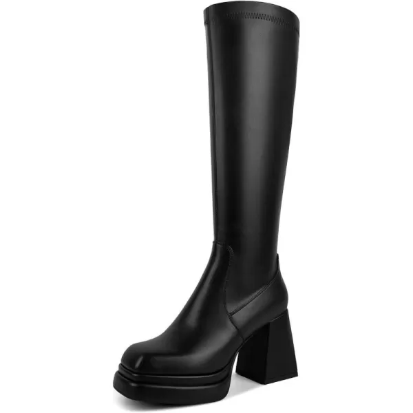 wetkiss Stacked Platform Knee High Boots for Women With High Chunky Heel, Gogo Boots for Women with Square Toe Side Zipper Stretch Boot