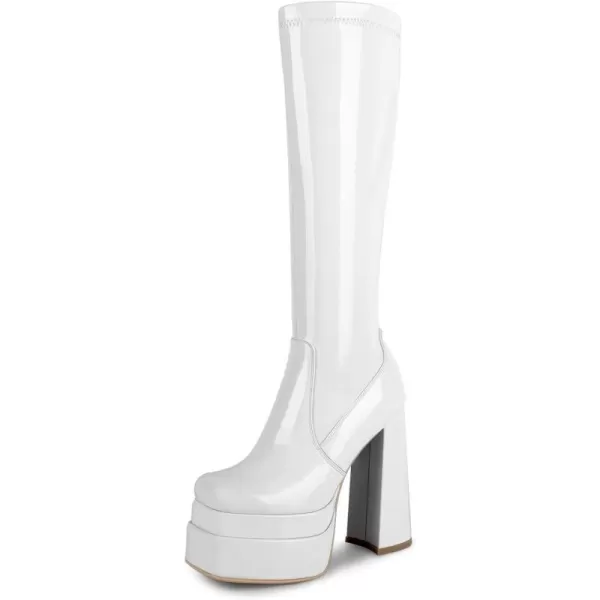 wetkiss Stacked Platform Knee High Boots for Women With High Chunky Heel, Gogo Boots for Women with Square Toe Side Zipper Stretch Boot