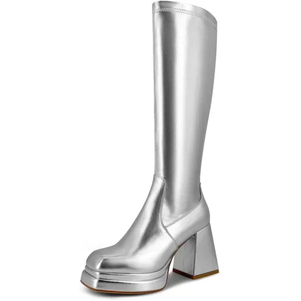 wetkiss Stacked Platform Knee High Boots for Women With High Chunky Heel, Gogo Boots for Women with Square Toe Side Zipper Stretch Boot