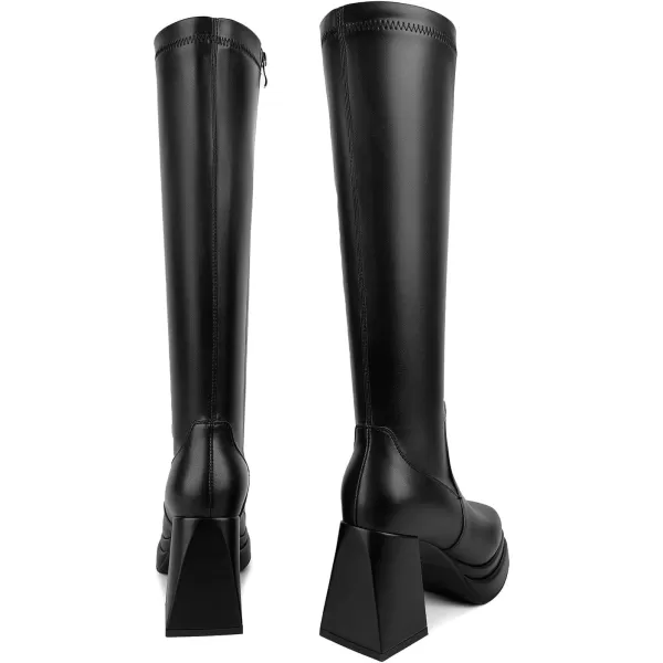 wetkiss Stacked Platform Knee High Boots for Women With High Chunky Heel, Gogo Boots for Women with Square Toe Side Zipper Stretch Boot