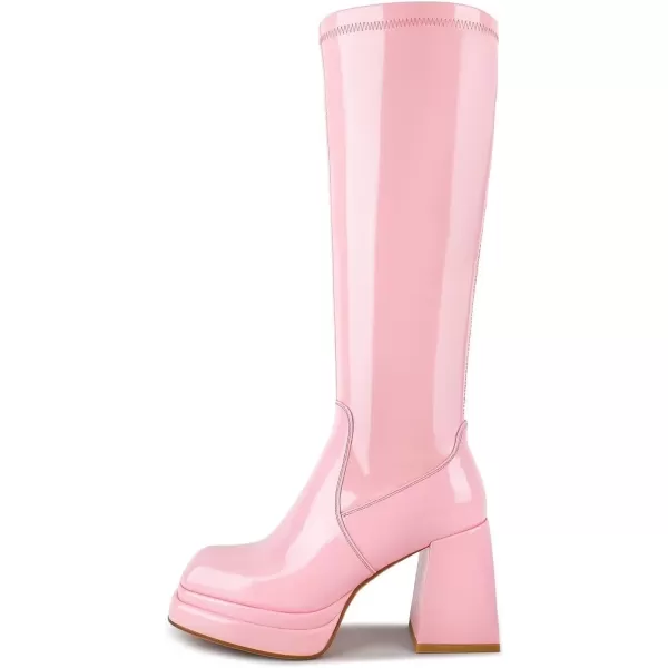wetkiss Stacked Platform Knee High Boots for Women With High Chunky Heel, Gogo Boots for Women with Square Toe Side Zipper Stretch Boot