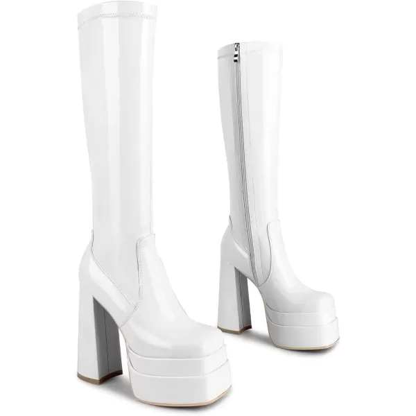 wetkiss Stacked Platform Knee High Boots for Women With High Chunky Heel, Gogo Boots for Women with Square Toe Side Zipper Stretch Boot