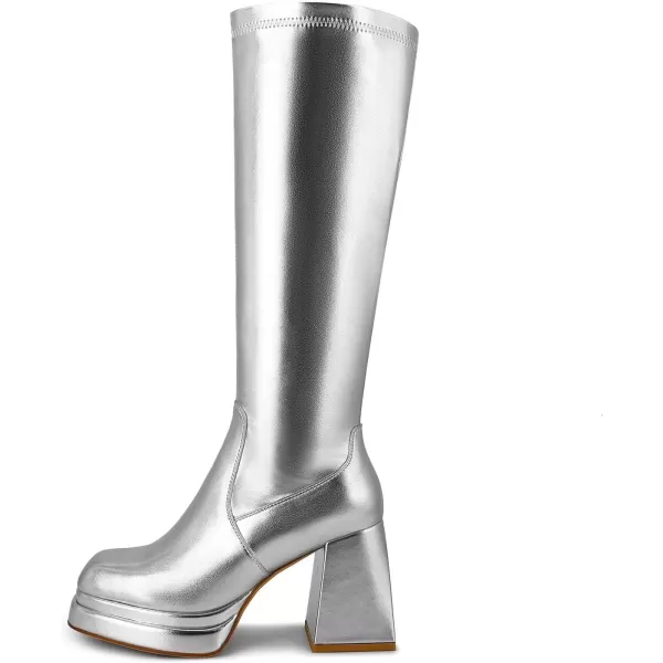 wetkiss Stacked Platform Knee High Boots for Women With High Chunky Heel, Gogo Boots for Women with Square Toe Side Zipper Stretch Boot