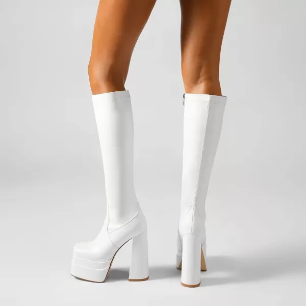 wetkiss Stacked Platform Knee High Boots for Women With High Chunky Heel, Gogo Boots for Women with Square Toe Side Zipper Stretch Boot