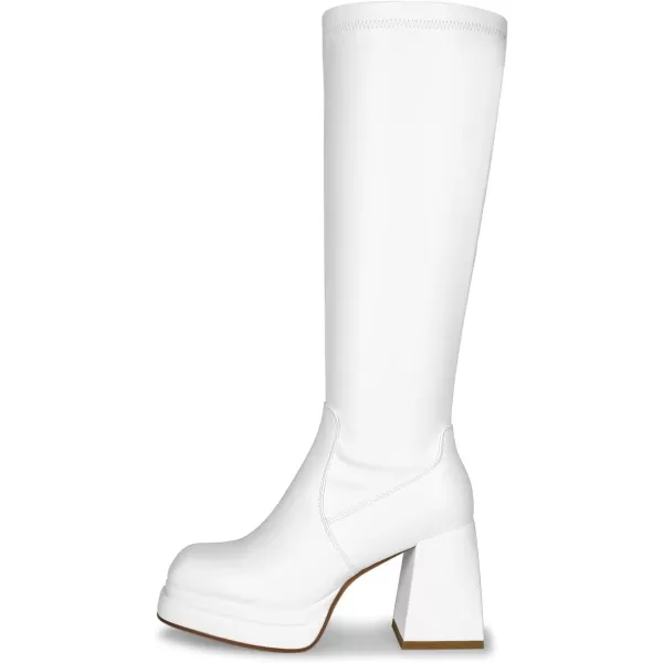 wetkiss Stacked Platform Knee High Boots for Women With High Chunky Heel, Gogo Boots for Women with Square Toe Side Zipper Stretch Boot