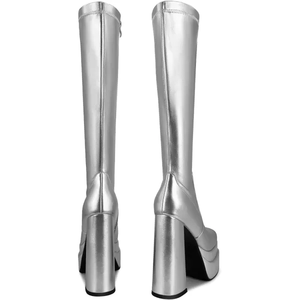 wetkiss Stacked Platform Knee High Boots for Women With High Chunky Heel, Gogo Boots for Women with Square Toe Side Zipper Stretch Boot