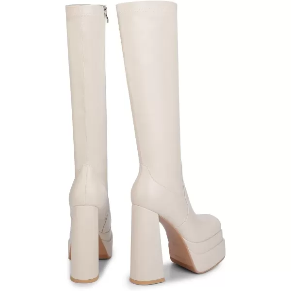 wetkiss Stacked Platform Knee High Boots for Women With High Chunky Heel, Gogo Boots for Women with Square Toe Side Zipper Stretch Boot