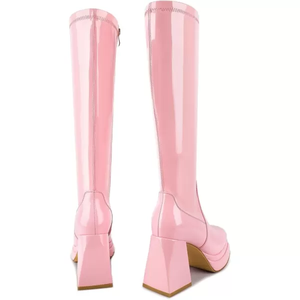wetkiss Stacked Platform Knee High Boots for Women With High Chunky Heel, Gogo Boots for Women with Square Toe Side Zipper Stretch Boot